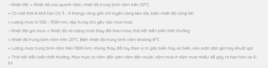Đặc điểm khí hậu của môi trường nhiệt đới và nhiệt độ gió mùa ? Giúp với ạ!!! dac-diem-khi-hau-cua-moi-truong-nhiet-doi-va-nhiet-do-gio-mua-giup-voi-a